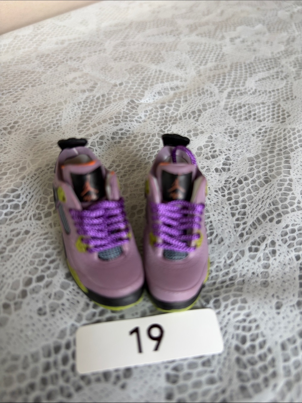 19, Mini Sneakers Nike Jordan 4 Canyon Purple with Lime Accents